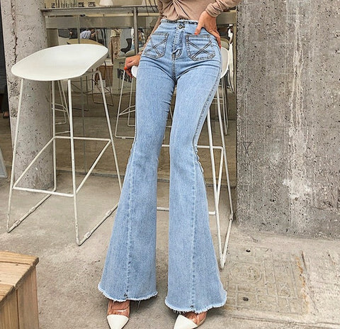 Sonicelife Sky blue high waisted horn jeans women elastic  skinny jeans fashionable versatile long slim flared pants splicing and cut