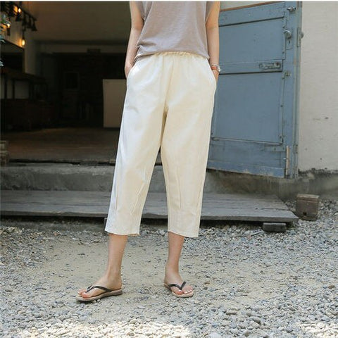 Cotton Linen Pants Women's Summer Loose Solid Harem Pants Female High Waist Large Size Casual Khaki Calf-Length Pants  Women
