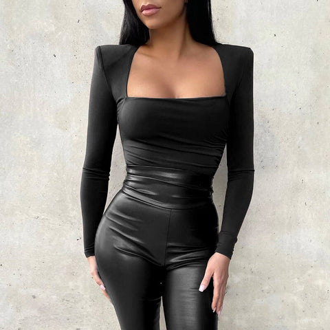 Sonicelife Turtleneck Backless Bodysuit Women Black White Long Sleeve Rompers Jumpsuits Party Body Suit Shoulder Pads Overalls PR2048G