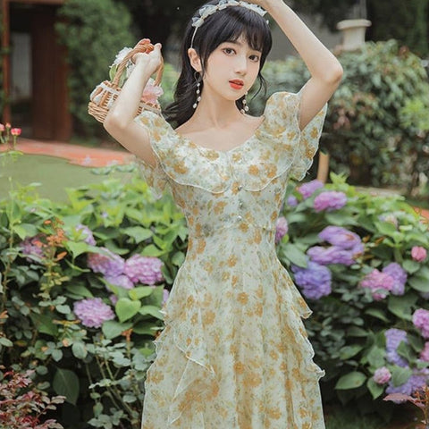 Sonicelife French Vintage Fairy Dress Women Ruffle Irregular Designer Long Floral Dress  Summer Elegant Korean Holiday Victorian Dress