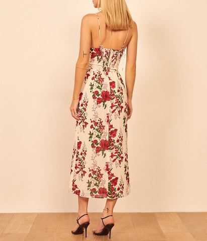 Back to school outfit Sonicelife summer dresses for women 2024   Spaghetti Strap Summer Dress Women Sleeveless Slit  Midi Beach Dresses For Women Back Smocked Floral Vintage Casual Dress