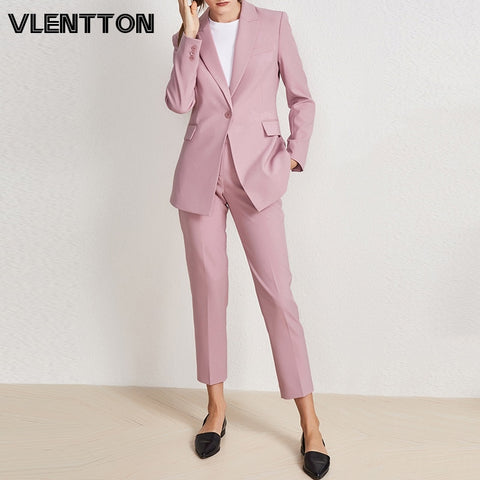 2023 Spring Pink Blue OL Two Piece Set Women Single Button Office Lady Blazer Jacket Coat+Zipper Pants Suit Female Trousers Tops