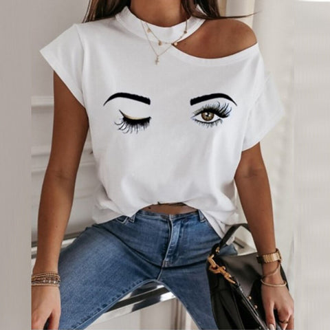 Women Summer Love Print Tshirt Casual Short Sleeve Tops Tees  Off Shoulder T-Shirt O-neck Loose Shirts Female D30