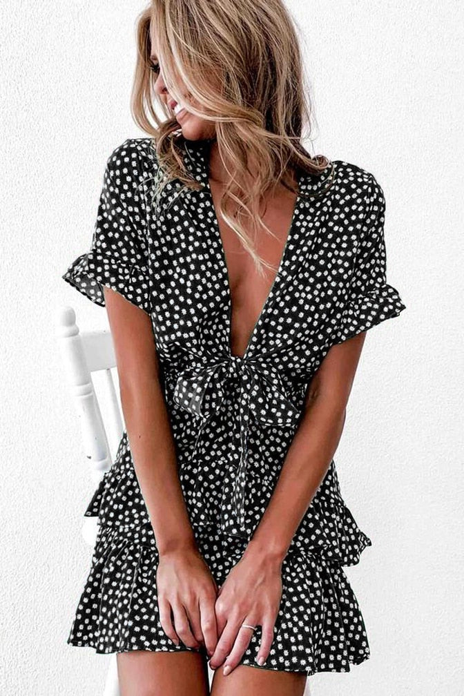 Back to school outfit Sonicelife hoco dresses  2024 New Women Polka Dot Mini Summer Boho Ruffled Dress Front Lace-Up Knot V-Neck Beach Sundress Elegant Lady A-Line Dress