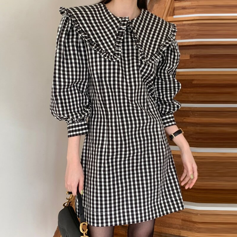 Sonicelife Sonicelofe 2024 Doll Collar Loose Puff Sleeve Plaid Loose Women Dress