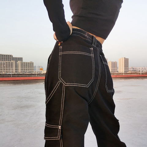 Sonicelife Weekeep Pockets Patchwork Baggy Jeans Fashion Streetwear 100% Cotton Women Denim Trouser Loose Cargo Pants Korean Jeans Harajuku