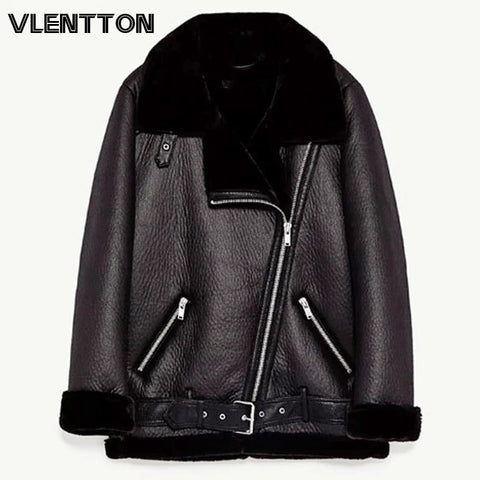 2023 Winter Women Streewear Black White Thick Faux Leather Jacket Casual With Belt Oversized Warm Lamb Outwear Female