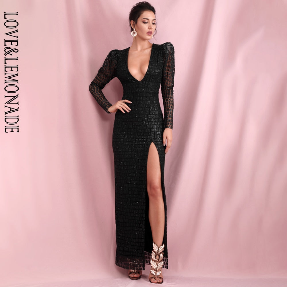 LOVE & LEMONADE  Black V-Neck Bubble Long Sleeve Whit Split Glitter Glue Material Party Maxi Dress LM82256