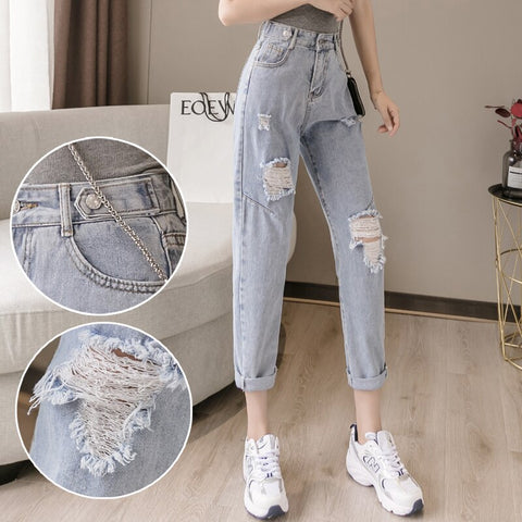 Sonicelife Woman Jeans Clothes High Waisted Ripped 2020 Summer Streetwear Baggy Wide Leg Vintage Fashion Blue Harajuku Straight Pants