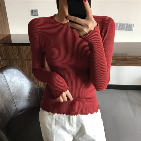 O Neck Ruched Women Sweater High Elastic Solid 2023 Fall Winter Fashion Sweater Women Slim  Knitted Pullovers Pull Femme