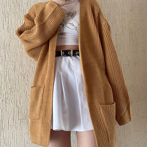 Sonicelife Sale 2024 Long Cardigan with pocket Women Autumn Knitted Sweater Korean Fashion V-neck Loose Ladies Sweaters Cardigans D30