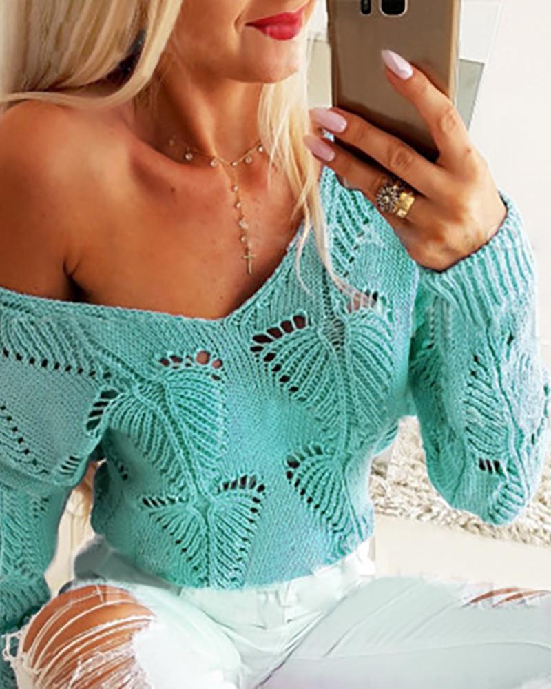 2023 Women Autumn Long Sleeve Sweater Elegant Solid V Neck Loose Plus Size XXL Sweater Hollow Out Solid Knitted Casual