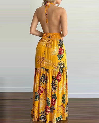 2023 Women Summer Spring Tropical Print Halter Backless Maxi Dress Vacation Sleeveless  Boho Beach Dress Casual Floral