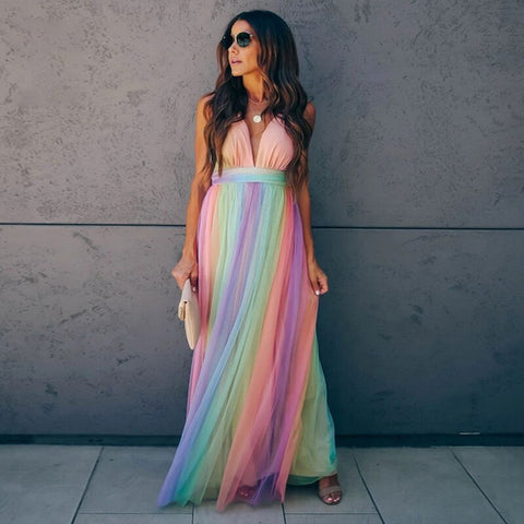 Sonicelife 2024 New Sexy Long Dress Women Summer Clothes High Waist Sling Deep V-neck Rainbow Mesh Party Beach Dresses Women Streetwear Vestidos