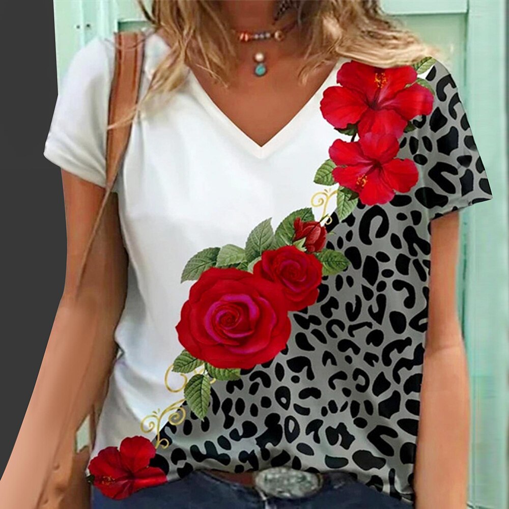 Sonicelife Floral Print Women T Shirts Casual Short Sleeve Loose  V Neck Tops Fashion Street Ladies Shitrs Summer Tee 2024 New D30