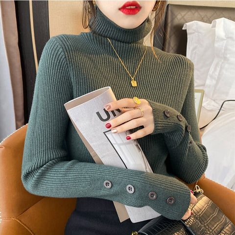 Sonicelife Christmas Gift Thick Cashmere Knitted Sweater Women 2024 Autumn Winter Korean Turtleneck Long Sleeve Button Pullover Female Jumper Knitwear