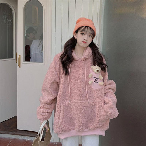 Kawaii Bear Fleece  Winter Women Sweatshirts Hoodies Fashion Cute Doll Pullover Oversized Casual Loose Warm Clothes Streetwear