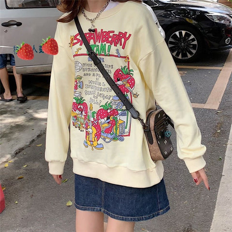 Sonicelife Harajuku Oversized Strawberry Print Hoodie Women O Neck Loose Vintage Clothes Top Streetwear Sweatshirts Graphic Cute Pullover0629