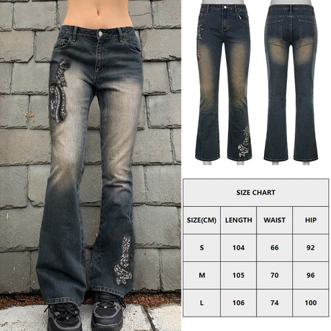 Sonicelife  Sifreyr Butterfly Print Baggy Jeans Women Autumn Low Waist Denim Flare Pants Harajuku Streetwear Vintage Y2k Fairy Grunge Jeans