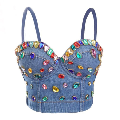 Denim  Scratched Women's Spaghetti Strap Button Diamonds Ripped Push Up Bustier Night Club Party Crop Top 2022 New Corset Camise