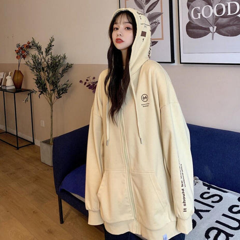 Sonicelife Spring Autumn Women Harajuku Zip Up Hoodies Oversized Loose Korean Version Sweatshirts Cute Kawaii Pocket Jacket Clothing Casual