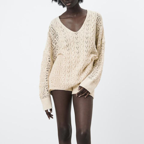 2023 Spring Autumn Women V-Neck Loose Sweaters Pullovers Solid Knit Hollow Out Shirt Chic Tops Female