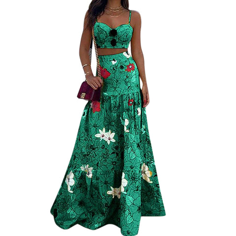 Women Summer Beach Dress 2Pcs Suit Floral Print Holiday Halter Crop Top Midi Dress Slim Waist Pleated Hem Dress Outfits D30