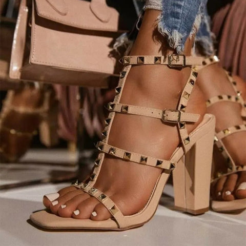 Sonicelife  Women Fashion Sandals Crystal Chain High Heels Female Shoes Woman Square Heel Open Toe Buckle Strap Ladies Sandals 2023 New