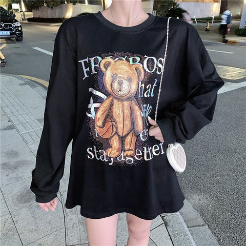 2023 Fashion Women Sweatshirts Oversized Couple Sequins Bear Pullover Cotton Soft Casual Loose T Shirt Korean Harajuku Thin Tops