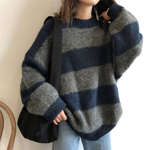 Sonicelife Striped Knitted Pullover Women Vintage Loose Sweater Streetwear Autumn Winter Casual Color-block Jumper Sweaters Sueter Feminino