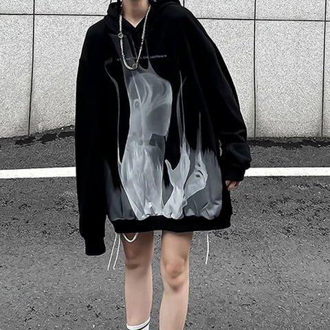 Sonicelife  Gothic Emo Printed Black Hoodies Women Harajuku Streetwear Punk Couple Female Pullover Couple Sweatshirt Goth Mall Top