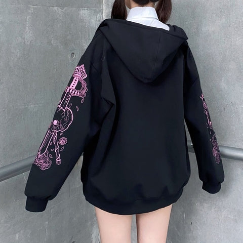 Sonicelife  Y2K Rhinestone Skeleton Sweatshirt Women Grunge Goth Hoodie Winter Harajuku Long Sleeve Zip Up Streetwear Oversized Jacket New