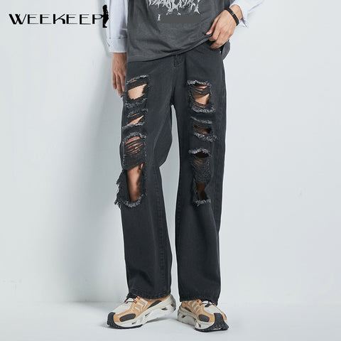 Weekeep Vintage Ripped Hole Jeans Women Baggy Cut Out High Waist Denim Pants Summer Korean Y2k Streetwear Fashion Straight Jeans
