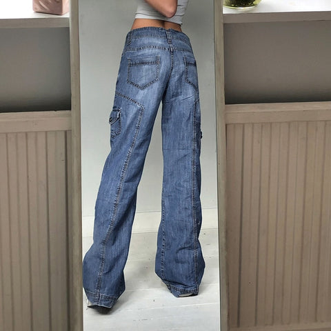 Weekeep Streetwear Women High Waist Y2k Jeans Wide Leg Pocket Patchwork Baggy Cargo Pants Oversize Casual Vintage Denim Trousers