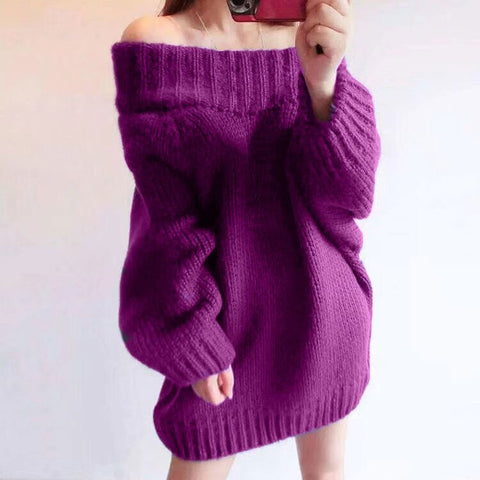 Sonicelife Autumn Winter Women Basic Pullover Sweaters Female  Slash Neck Off Shoulder Knitted Sweater Long Thick Warm Pullovers Tops