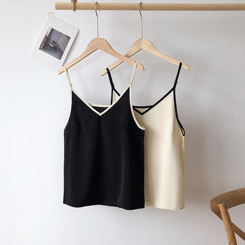 Spaghetti Strap Top Women 2023 Summer V-Neck Satin Silk Tank Tops Female Solid Sleeveless Camisole Camis Vest Black Beige