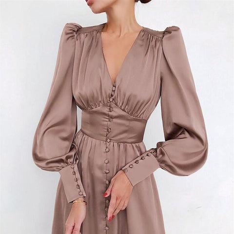 Sonicelife Spring Fashion Satin Solid Long Sleeve Dress 2024 Elegant Women Button A-Line Mini Dress Casual Loose V-Neck Party Dress Vestido