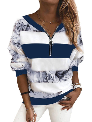 Sonicelife Women Tshrts V-Neck Wide Stripe Print Long Sleeve Zipper Casual Stretchy 2024 Autumn Fashion Ladies Tops Vintage Clothes D30