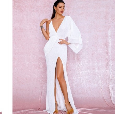 Sonicelife Rose Gold V-Neck Single Sleeve Sequins Split Party Maxi Dress LM81848