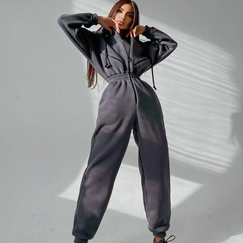 Sonicelife  Women Elegant Jumpsuit Hoodies Zipper One Piece Outfit Fleece Lined Winter Long Sleeve Overalls Casual Rompers Tracksuits Black