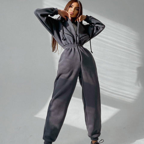 Sonicelife  Casual Women Basic Hoodie Jumpsuit Zipper Drawstring Overalls Fleece Lined Streetwear Tracksuit Solid Rompers One Piece Outfit