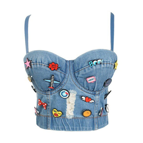 Denim  Scratched Women's Spaghetti Strap Button Diamonds Ripped Push Up Bustier Night Club Party Crop Top 2022 New Corset Camise