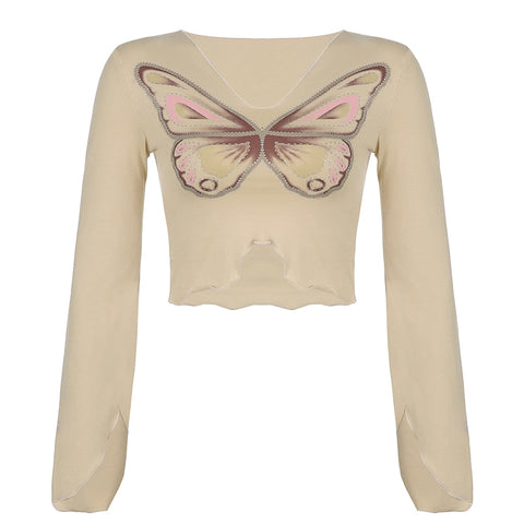 Sonicelife  Fairycore Vintage Butterfly Printed Rhinestone Women T-shirts Fashion Cute Top Asymmetric Autumn Tshirt Tee Aesthetic