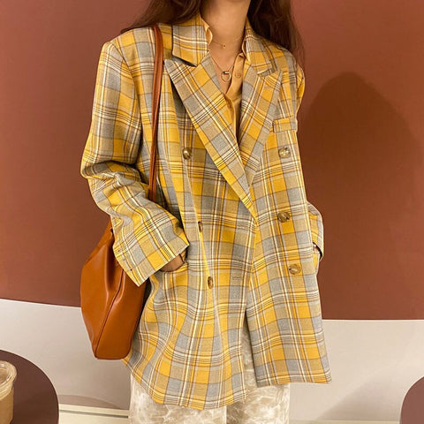 Sonicelife Jackets for Women 2024 Green Plaid Double Breasted Blazer Suit Office Ladies Pockets Female Suits Coat Spring Women's Blazers
