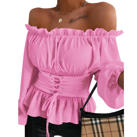 Sonicelife Trizchlor Off Shoulder Lace-up Front Ruffles Sweet Blouse Spring Top and Blouses  Slash Neck Long Sleeve Fall Blusas Mujer De Moda D30