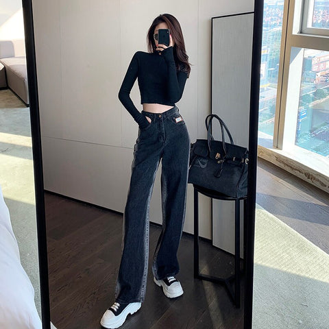 Sonicelife Woman Jeans High Waist Clothes Wide Leg Denim Clothing Blue Streetwear Vintage Quality 2024 Fashion Harajuku Straight Pants