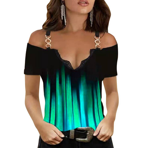 Sonicelife Women T Shirt Gradient Print Hollow Out Short Sleeve Cold Shoulder Tops Women Chain Spaghetti Strap Cold Shoulder T-shirt D30