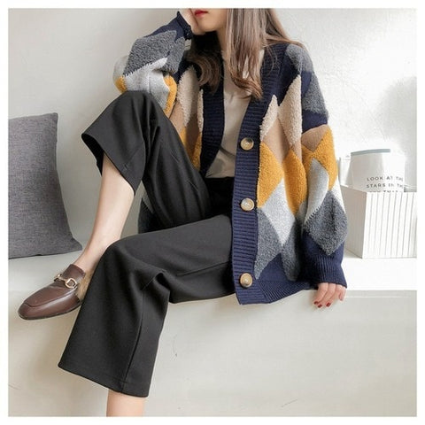 Sonicelife Knitted Cardigan for Women 2024 Korean Fashion Elegant Casual Plaid V-Neck Sweater Women's Knitted Jacket Sweaters Oversize