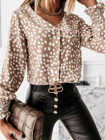 Sonicelife Casual Leopard Dot Print Ruffle Blouse Shirt Autumn Winter Long Sleeve Women Shirts Elegant Office Lady V-Neck Button Tops