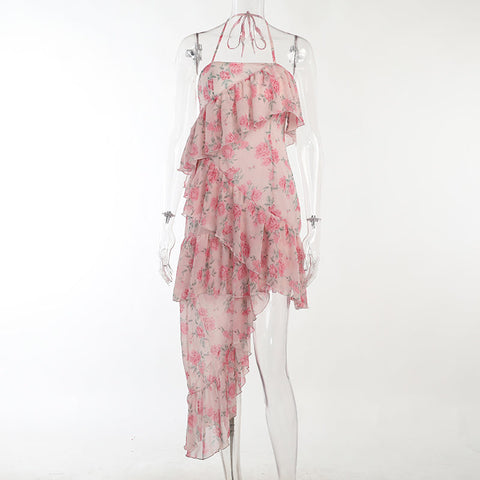 Sonicelife   Irregular Ruffled Breast Wrap Strap Dress Women's  Spring Summer Midi Flower Halterneck  Boho Dress Beach Dress Sundress  Fairy Dress